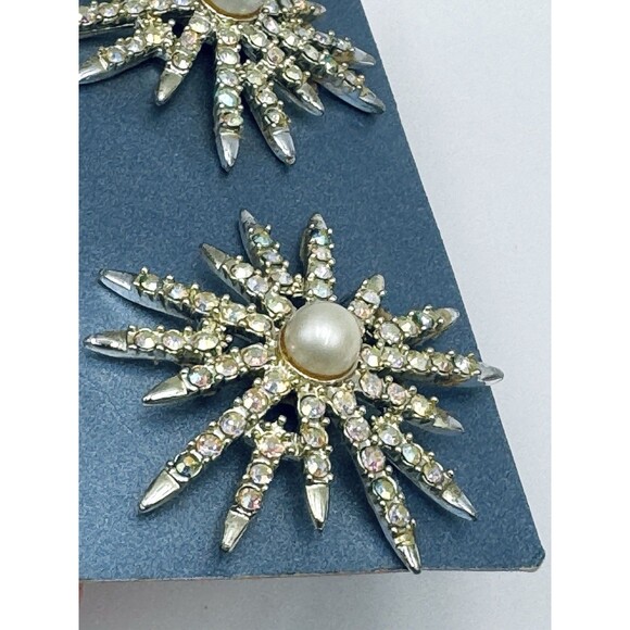 EMMONS Starburst Silver Tone Faux Pearl AB Rhinestone VTG Clip On Earrings w Box - Picture 7 of 12